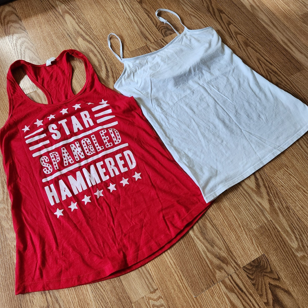 2 Tank Tops Size Large Red Racerback White Cami Top Self Bra